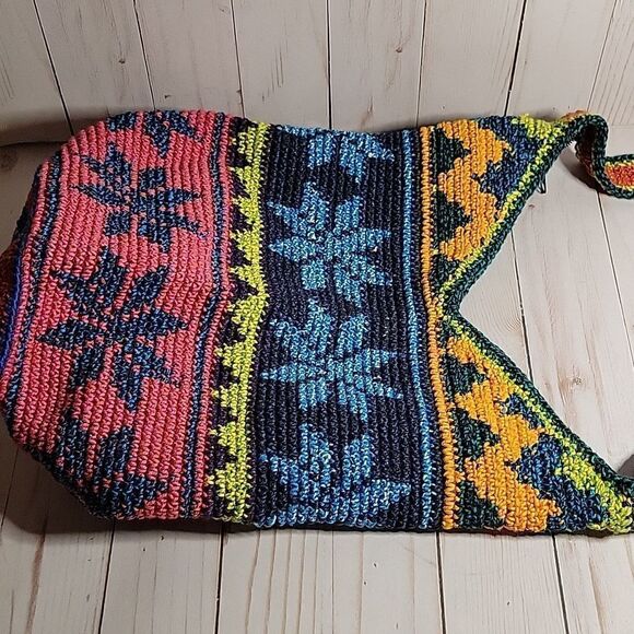 Artisan Crochet Fair Isle Southwestern multi Colored Crossbody Bag Cotton Boho - Picture 7 of 9